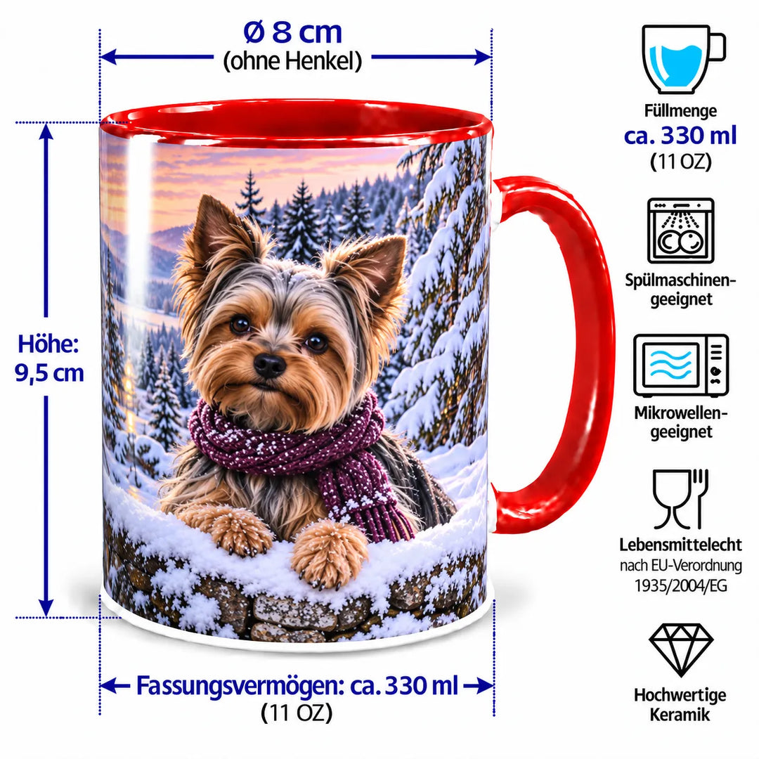 Yorkshire-Terrier-Tasse mit Maßangaben: 9,5 cm Höhe, 8 cm Durchmesser ohne Henkel und ca. 330 ml Inhalt; spülmaschinen- und mikrowellengeeignet.