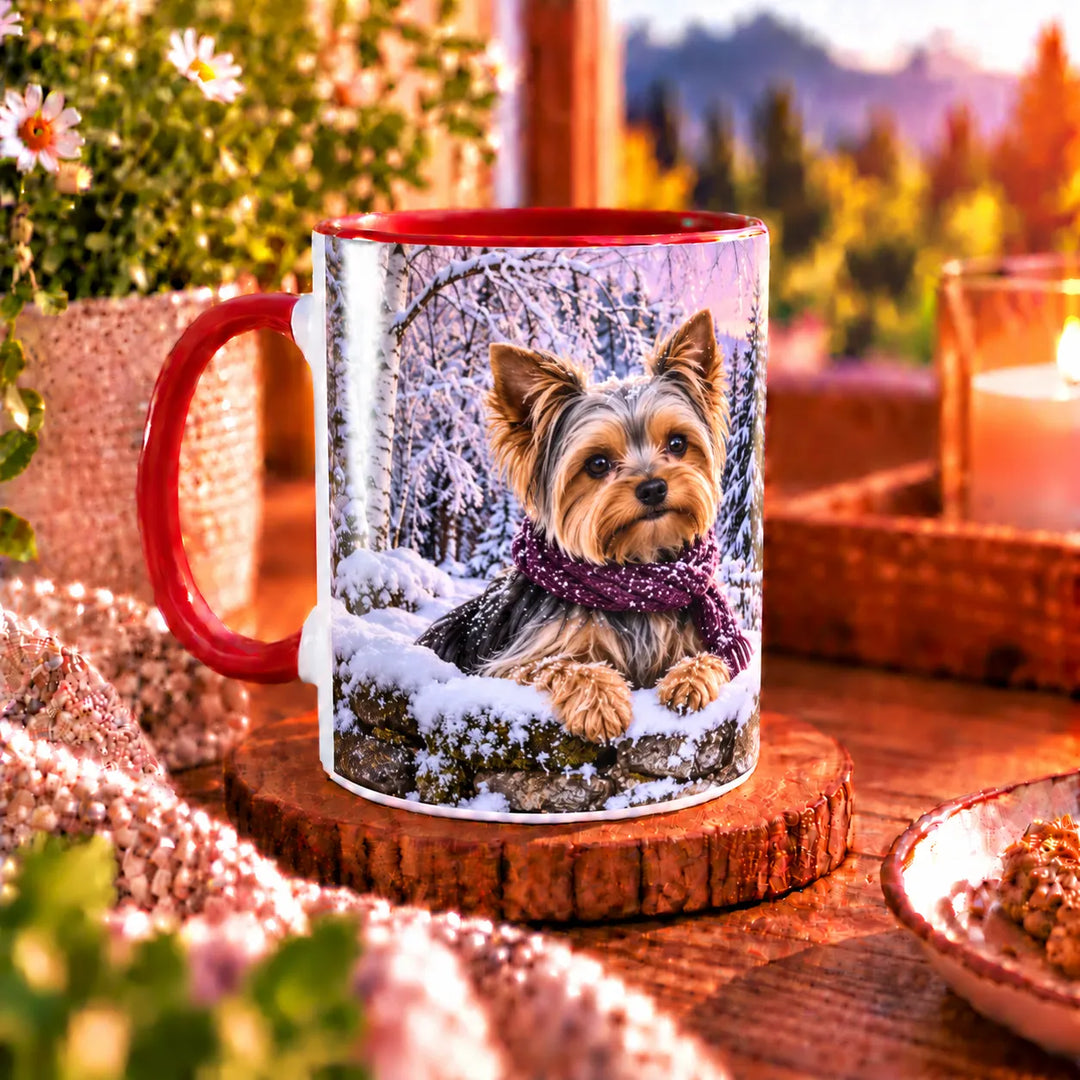 Yorkshire-Terrier-Tasse mit zwei Yorkies in beerenfarbenen Strickschals vor einer verschneiten Waldkapelle mit leuchtenden Fenstern.