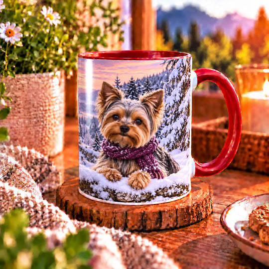 Zweite Ansicht der Yorkshire-Terrier-Tasse mit Yorkie, beerenfarbenem Strickschal und verschneiter Waldlandschaft mit kleiner Kapelle.