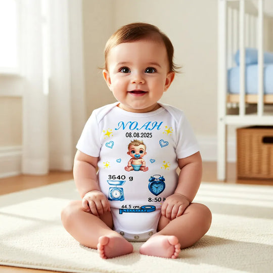 Mockup eines personalisierten Babybodys für Jungen mit Geburtsdaten und Namen, getragen von einem Baby im Wohnraum.