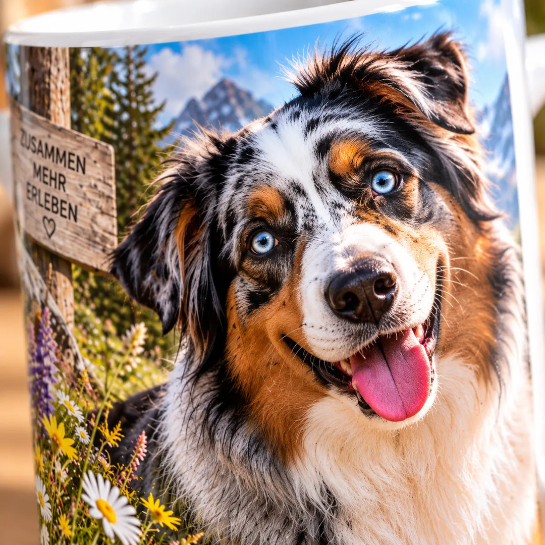 Nahaufnahme des Australian-Shepherd-Motivs mit blauen Augen und detailreicher Fellzeichnung auf der Tasse