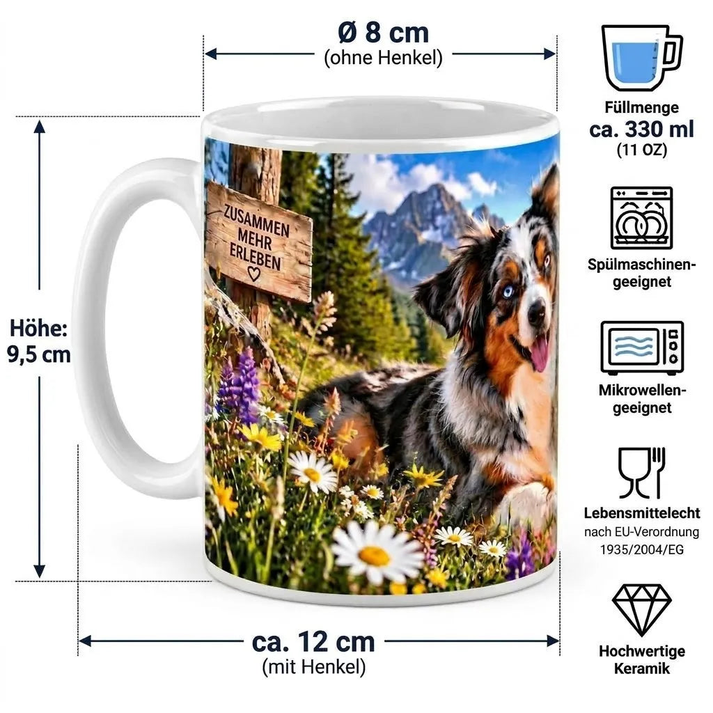 Maßübersicht der Australian-Shepherd-Keramiktasse mit 330 ml Fassungsvermögen und Pflegehinweisen