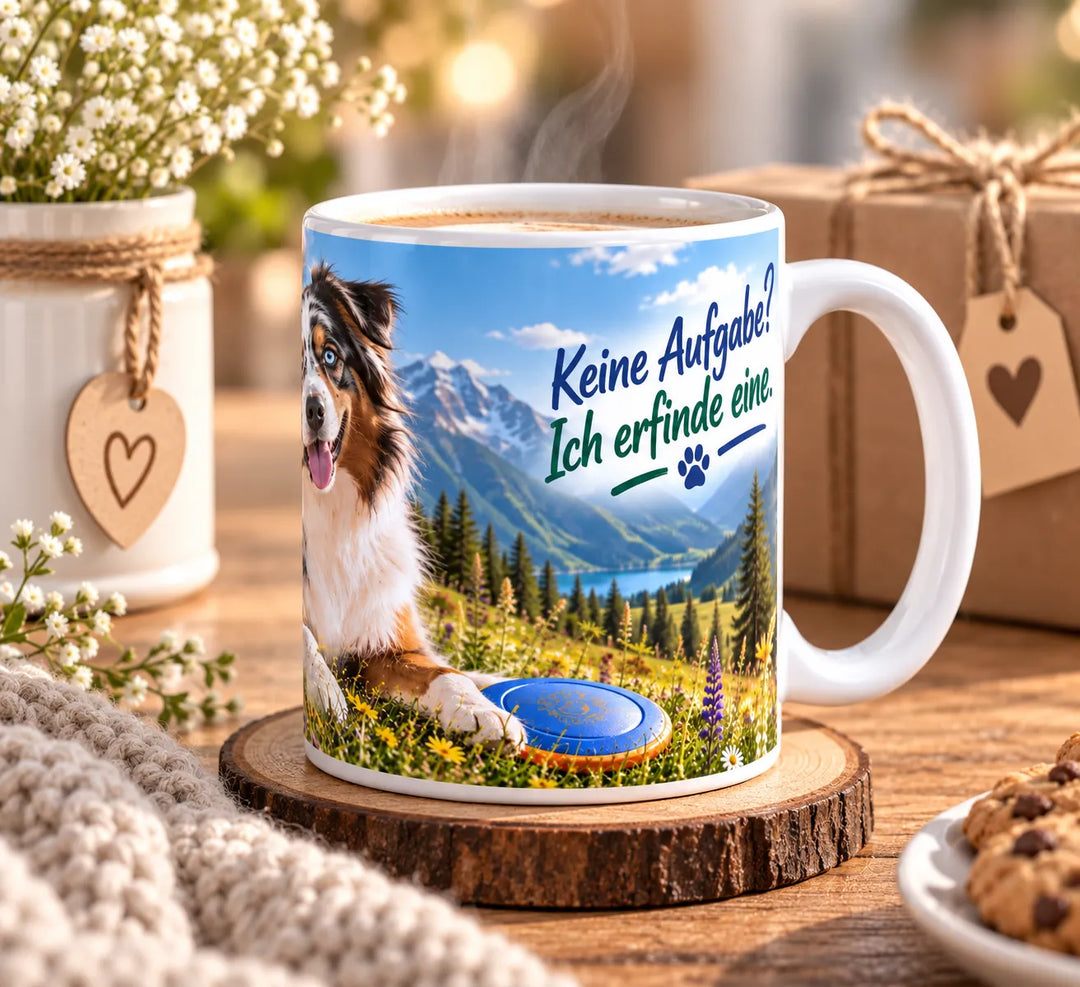 Australian-Shepherd-Tasse mit weißem Henkel, Berglandschaft und Spruch „Keine Aufgabe? Ich erfinde eine.“