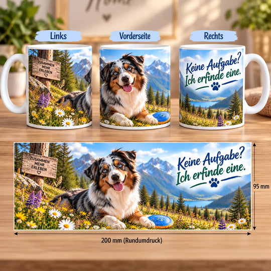 Australian-Shepherd-Tasse aus drei Perspektiven und vollständiges Druckmotiv mit Hund, Blumenwiese und Spruch