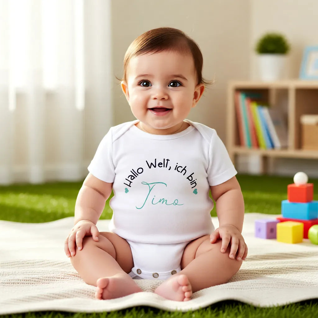 Personalisierter weißer Baby Body mit Namen als Beispielmotiv