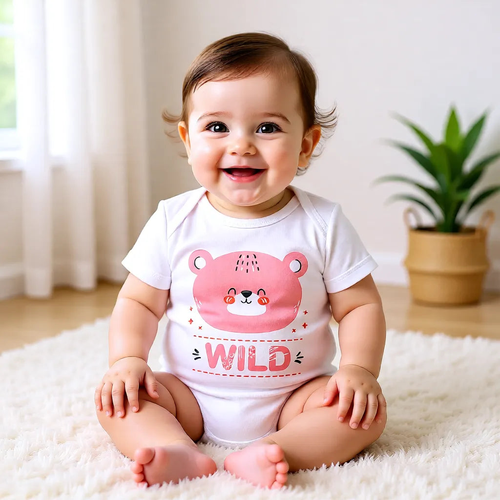 Weißer Baby Body personalisiert mit Tiermotiv Beispiel