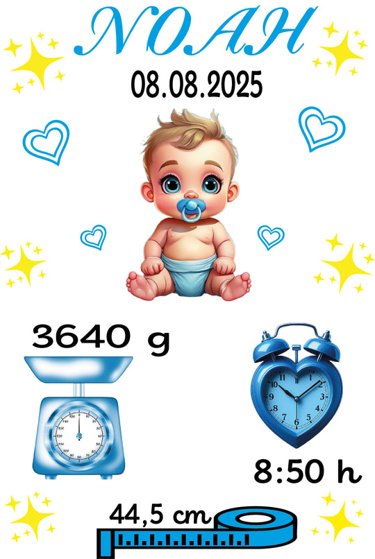 Designvorlage für personalisierten Babybody Junge mit Name, Geburtsdatum, Gewicht, Größe und Uhrzeit in blauem Motiv.