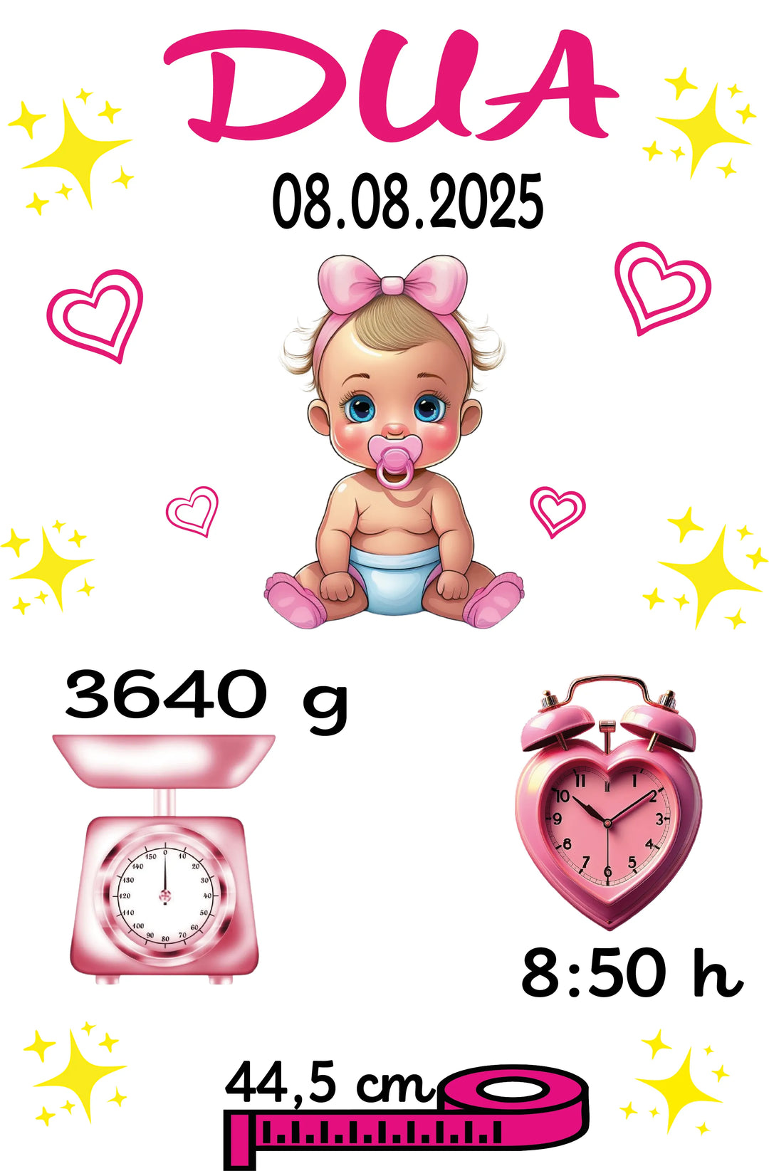 Designvorlage für personalisierten Babybody Mädchen mit Name, Geburtsdatum, Gewicht, Größe und Uhrzeit in rosafarbenem Motiv.