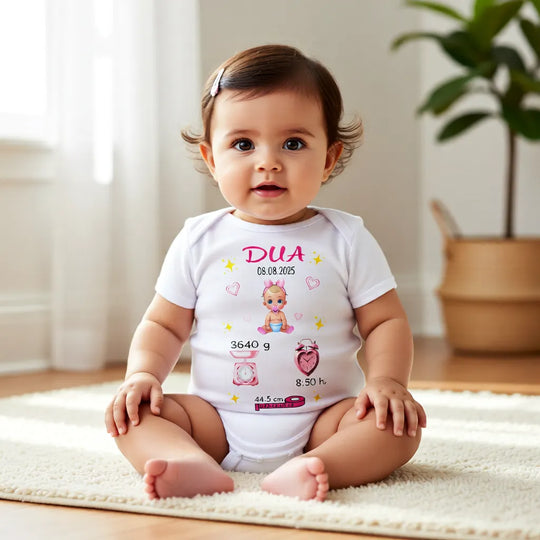 Mockup eines personalisierten Babybodys für Mädchen mit Geburtsdaten, Name, Gewicht, Größe und Uhrzeit, getragen von einem Baby.