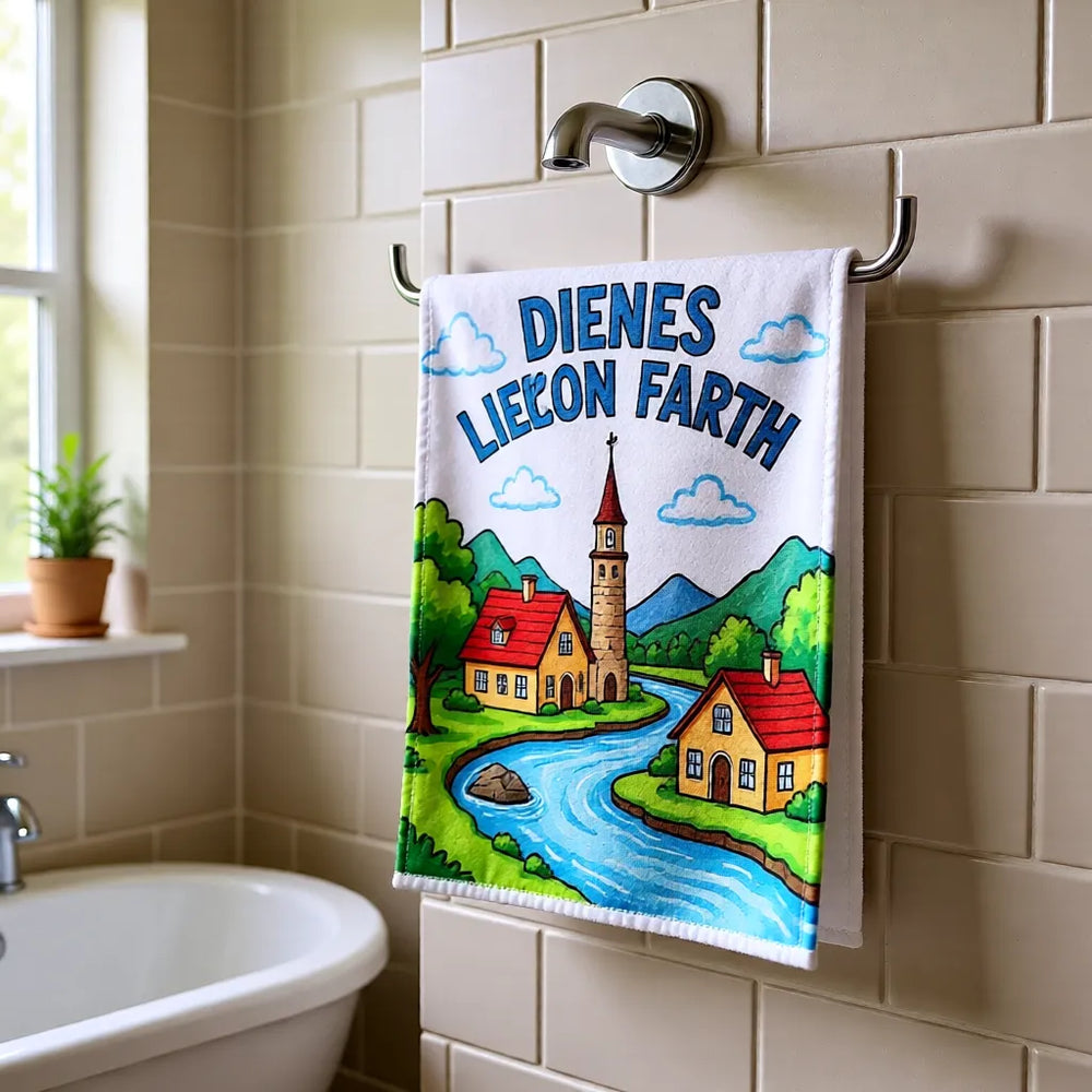 Individuell bedrucktes Handtuch im Badezimmer, personalisierbar mit Foto oder Design