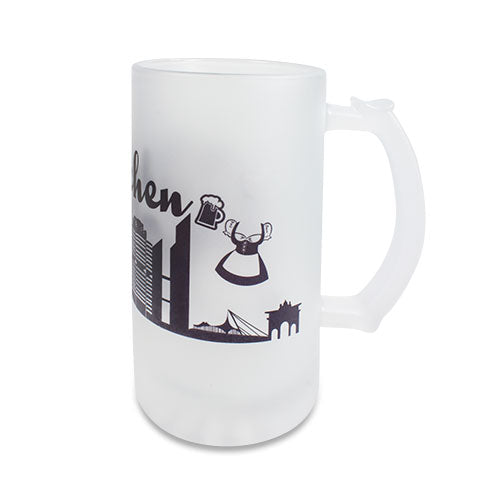 Personalisierbarer Bierglaskrug aus Glas mit Druckfläche, Fassungsvermögen ca. 470 ml, geeignet für Fotodruck oder individuelles Design.