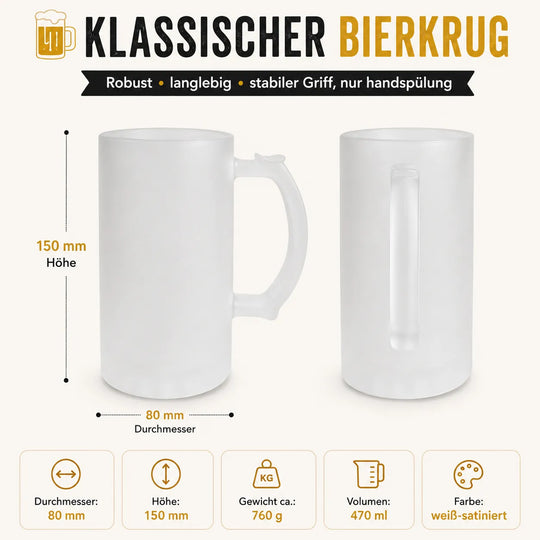 Bierkrug mit 470 ml Fassungsvermögen, 150 mm Höhe und 80 mm Durchmesser