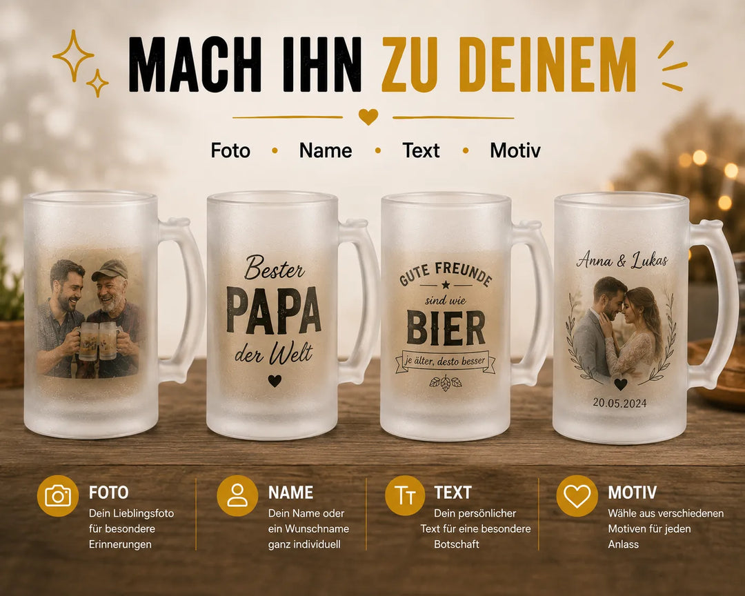 Personalisierter Bierkrug mit Foto, Name, Text oder Wunschmotiv