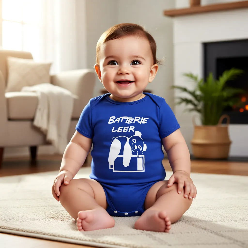 Baby im royalblauen Bio-Babybody mit Panda „Batterie leer“ Motiv, weiche Bio-Baumwolle, kurzarm
