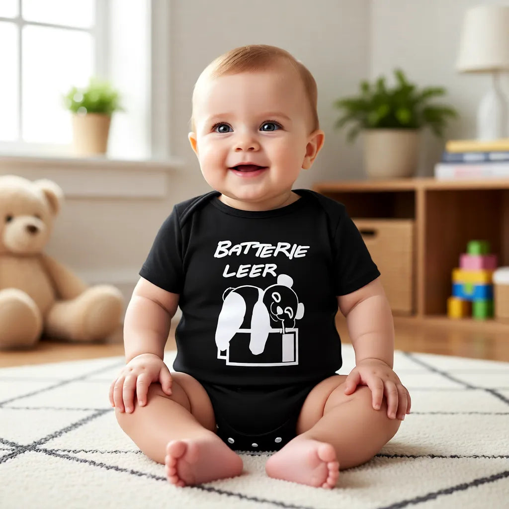 Baby trägt schwarzen Bio-Babybody mit Panda „Batterie leer“, kurzarm, hochwertiger Druck