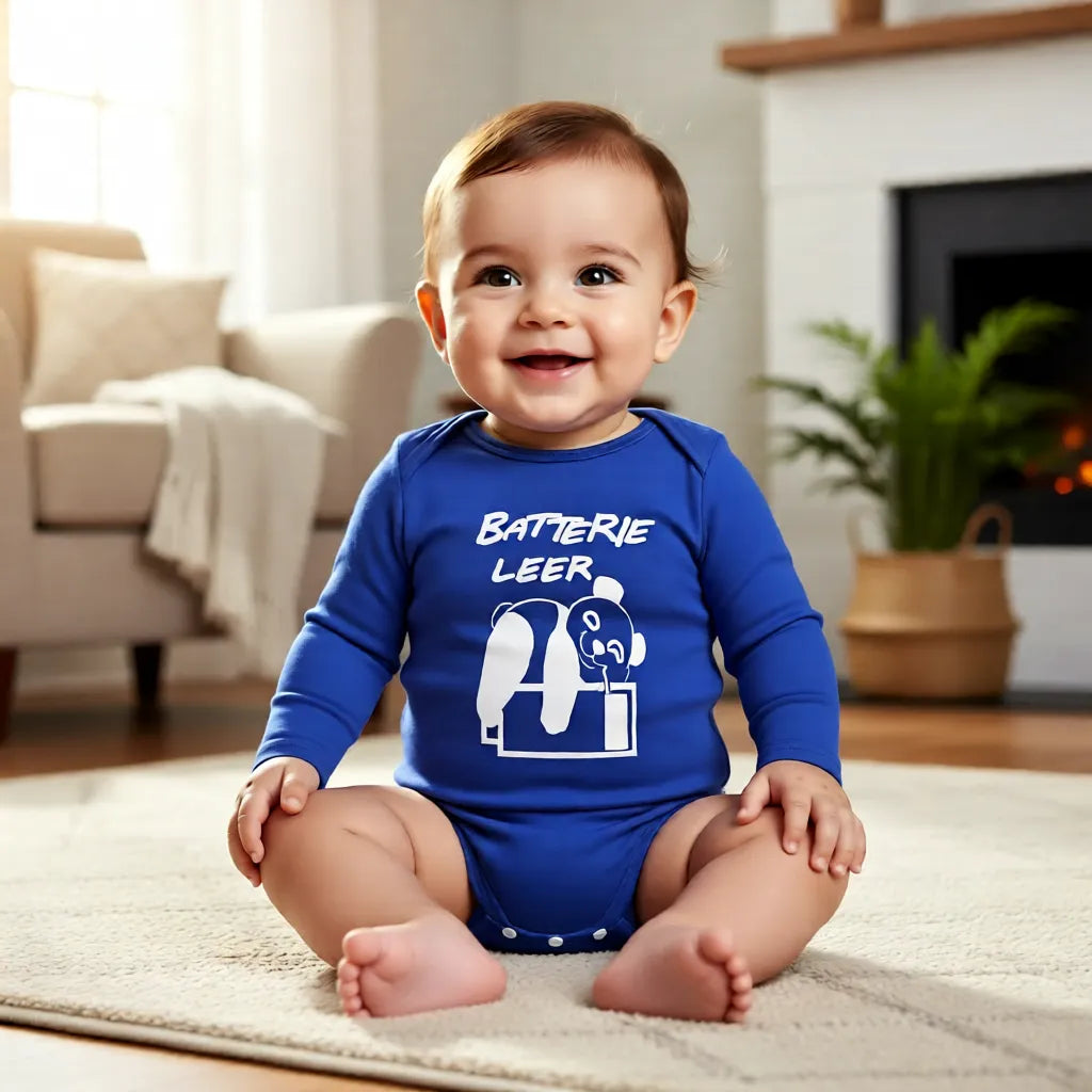 Baby im royalblauen Bio-Babybody Langarm mit Panda „Batterie leer“ Motiv