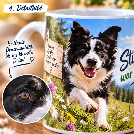 Nahaufnahme des Border-Collie-Druckmotivs mit vergrößertem Ausschnitt des Hundeauges