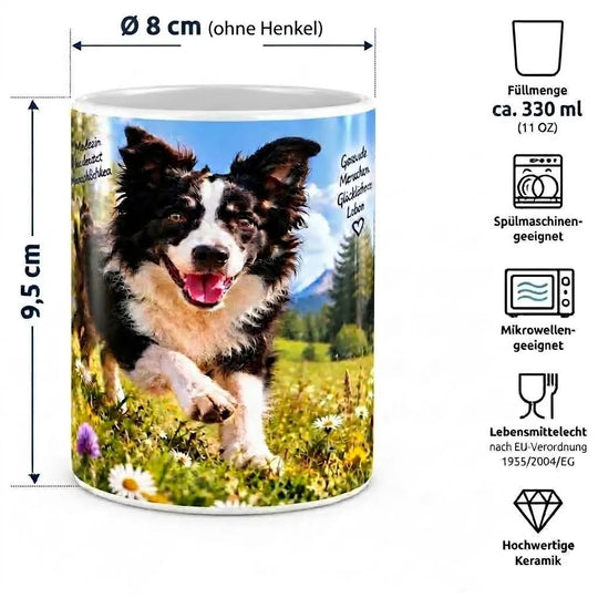 Maßübersicht der Border-Collie-Tasse: ca. 9,5 cm Höhe, 8 cm Durchmesser und 330 ml Fassungsvermögen