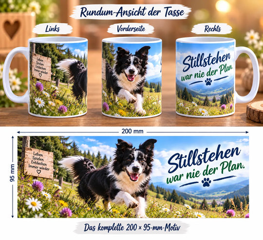 Border-Collie-Tasse aus drei Perspektiven und vollständiges Druckmotiv mit Blumenwiese, Berglandschaft und Spruch