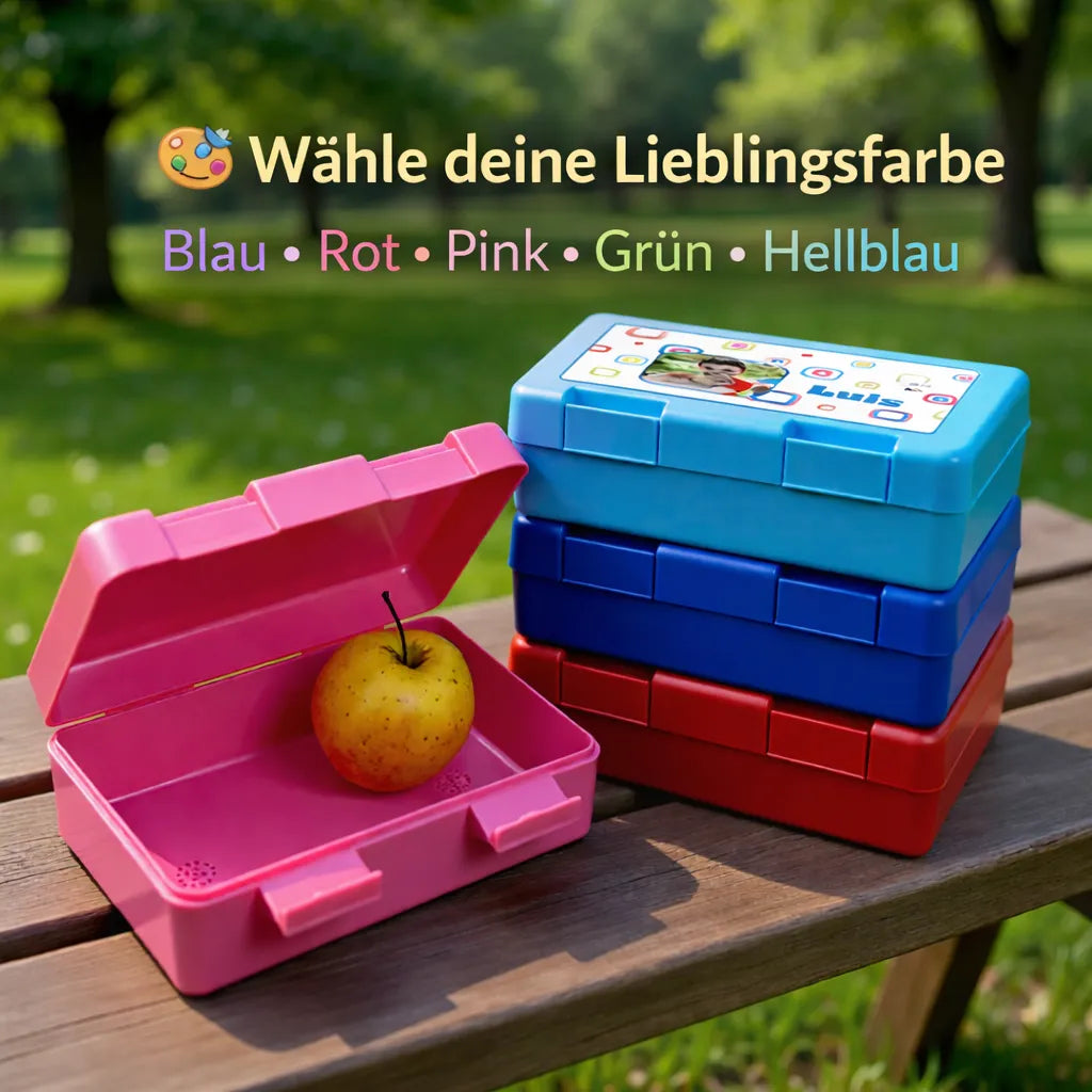 Personalisierbare Kinder Brotdose in Blau, Rot, Pink, Grün und Hellblau