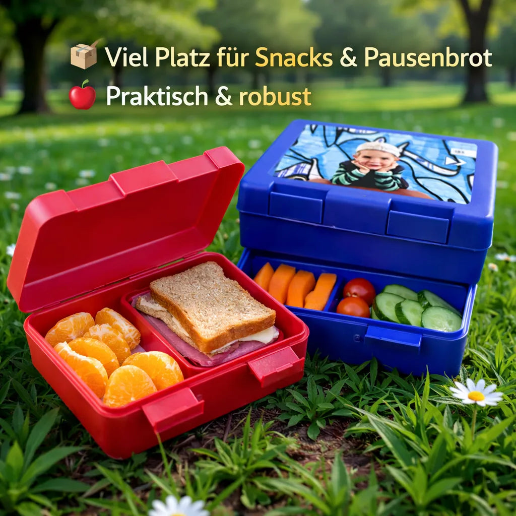 Geöffnete Kinder Brotdose mit Platz für Pausenbrot, Obst und Snacks