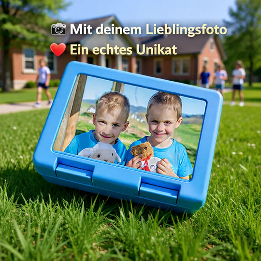 Blaue Brotdose mit eigenem Foto personalisiert für Kinder