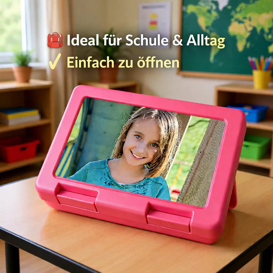 Pinke Brotdose mit persönlichem Foto für Schule und Alltag