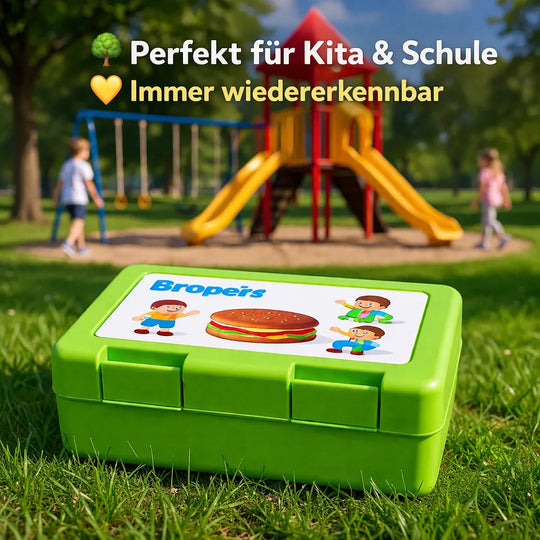 Grüne personalisierte Brotdose mit Namen und Motiv für Kita und Schule