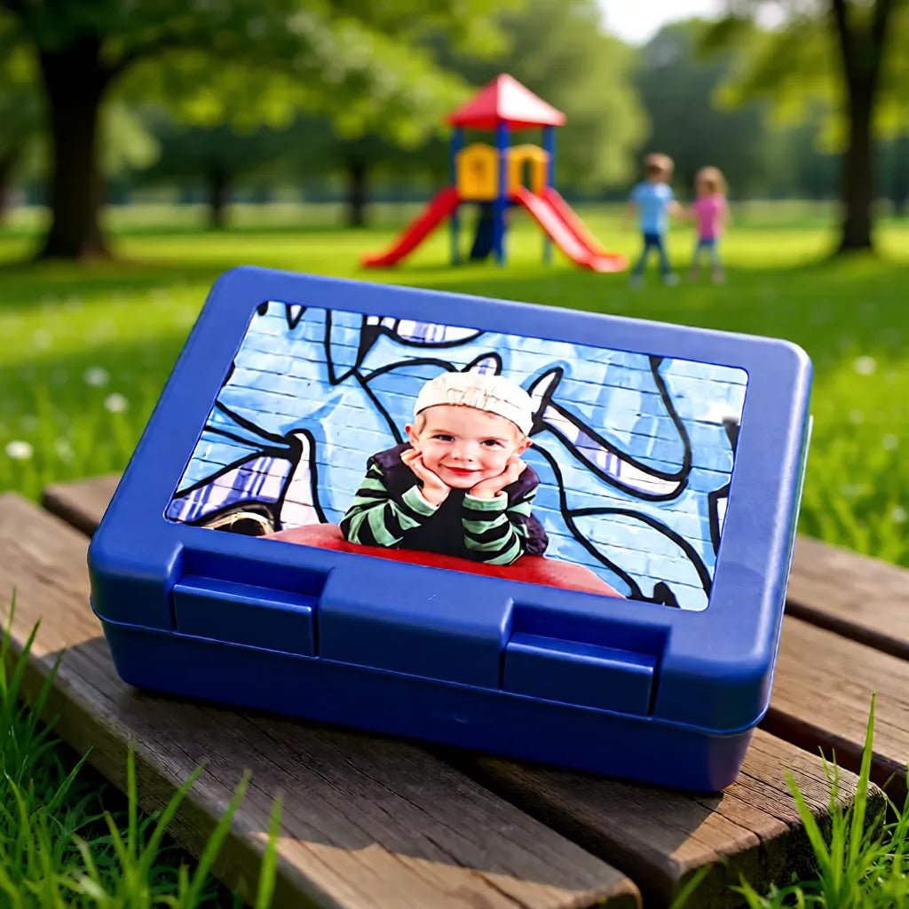 Personalisierte blaue Brotzeitdose mit Foto auf dem Deckel, ideal für Kindergarten und Schule