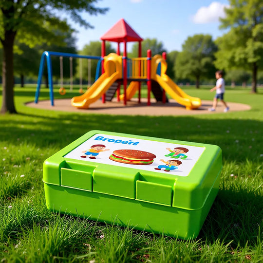 Individuell bedruckte grasgrüne Brotzeitdose für Kinder mit Motiv auf dem Deckel im Park