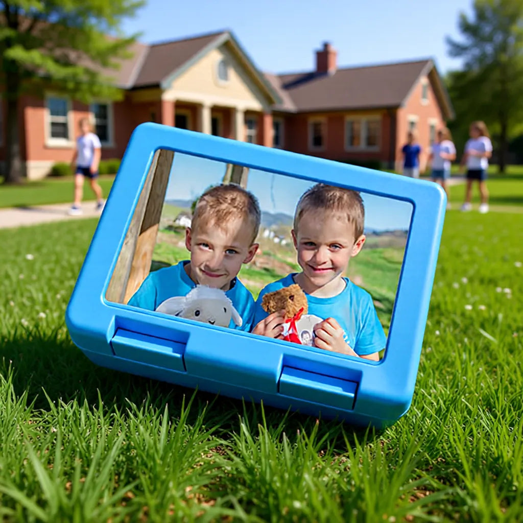 Hellblaue personalisierte Brotzeitdose mit Foto, praktische Lunchbox für Schule und Ausflüge