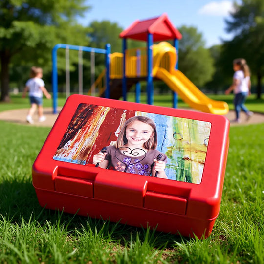 Rote personalisierte Brotzeitdose mit Foto auf dem Deckel, robuste Lunchbox für Kinder