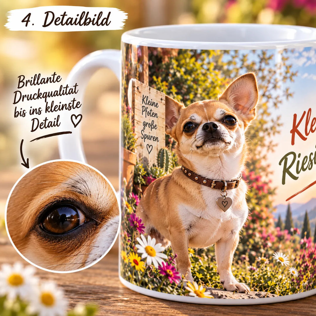 Nahaufnahme des Chihuahua-Druckmotivs mit vergrößertem Ausschnitt des Hundeauges