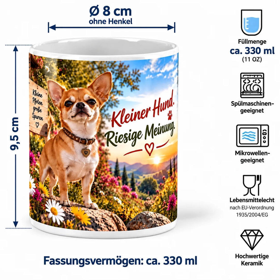 Maßübersicht der Chihuahua-Keramiktasse: ca. 9,5 cm Höhe, 8 cm Durchmesser und 330 ml Fassungsvermögen