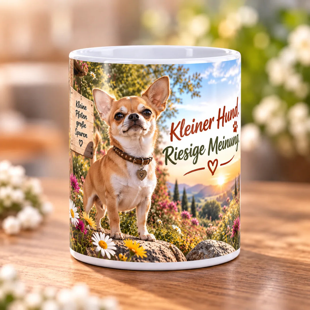 Keramiktasse mit hellbraunem Chihuahua, Blumen und Spruch „Kleiner Hund. Riesige Meinung.“