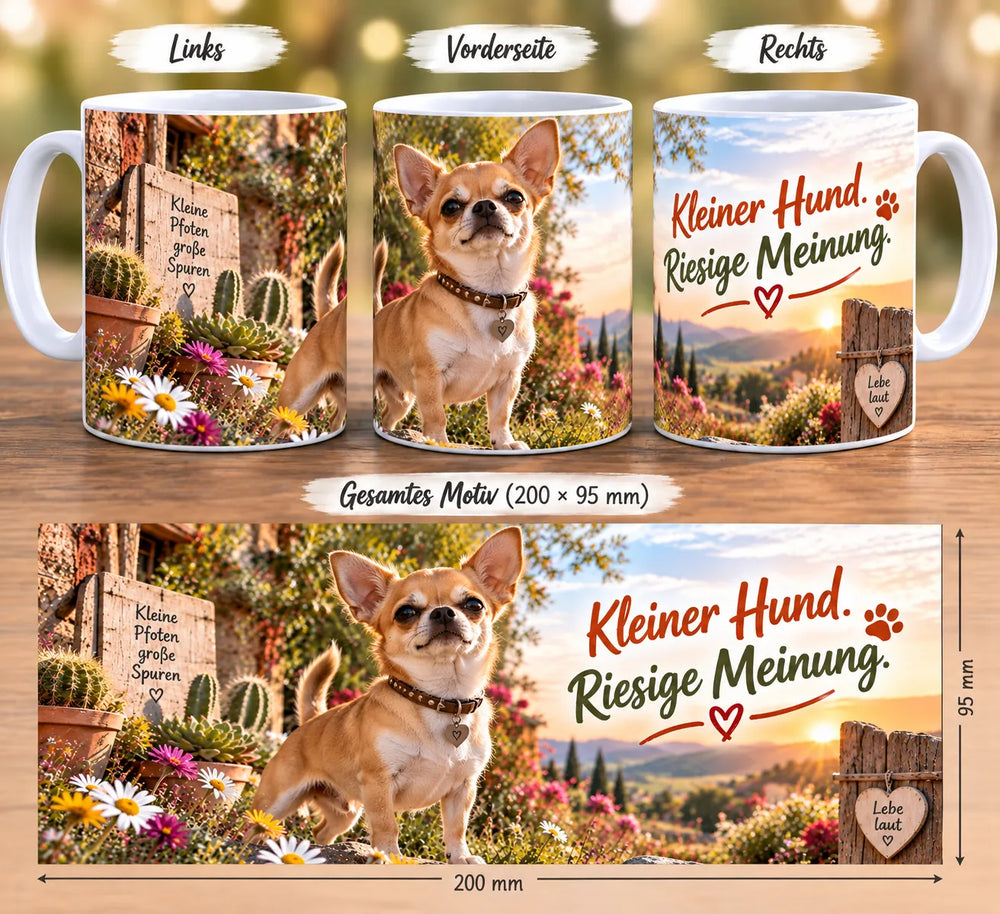 Chihuahua-Tasse aus drei Perspektiven und vollständiges Druckmotiv mit Hund, Kakteen, Blumen und Sonnenuntergang