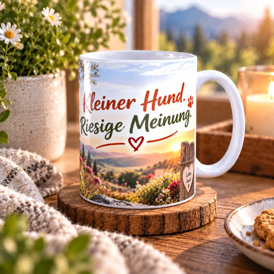 Seitenansicht der Chihuahua-Tasse mit weißem Henkel und Aufschrift „Kleiner Hund. Riesige Meinung.“