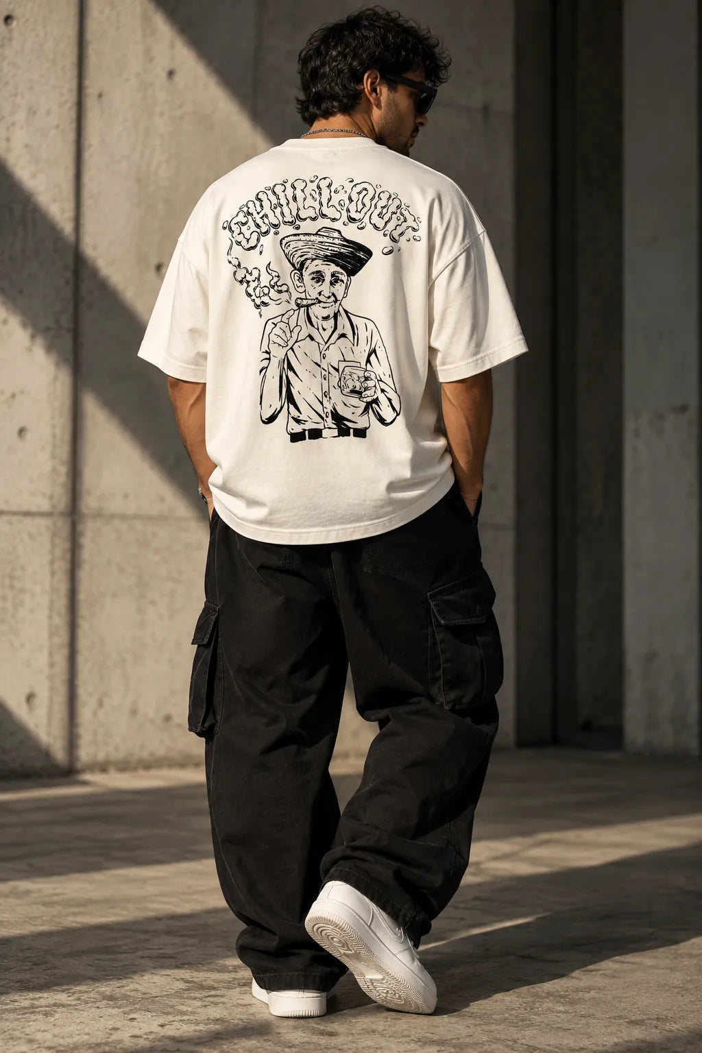 Mann trägt CHILLOUT Oversize T-Shirt mit schwarzem Rückenprint im Streetwear-Look