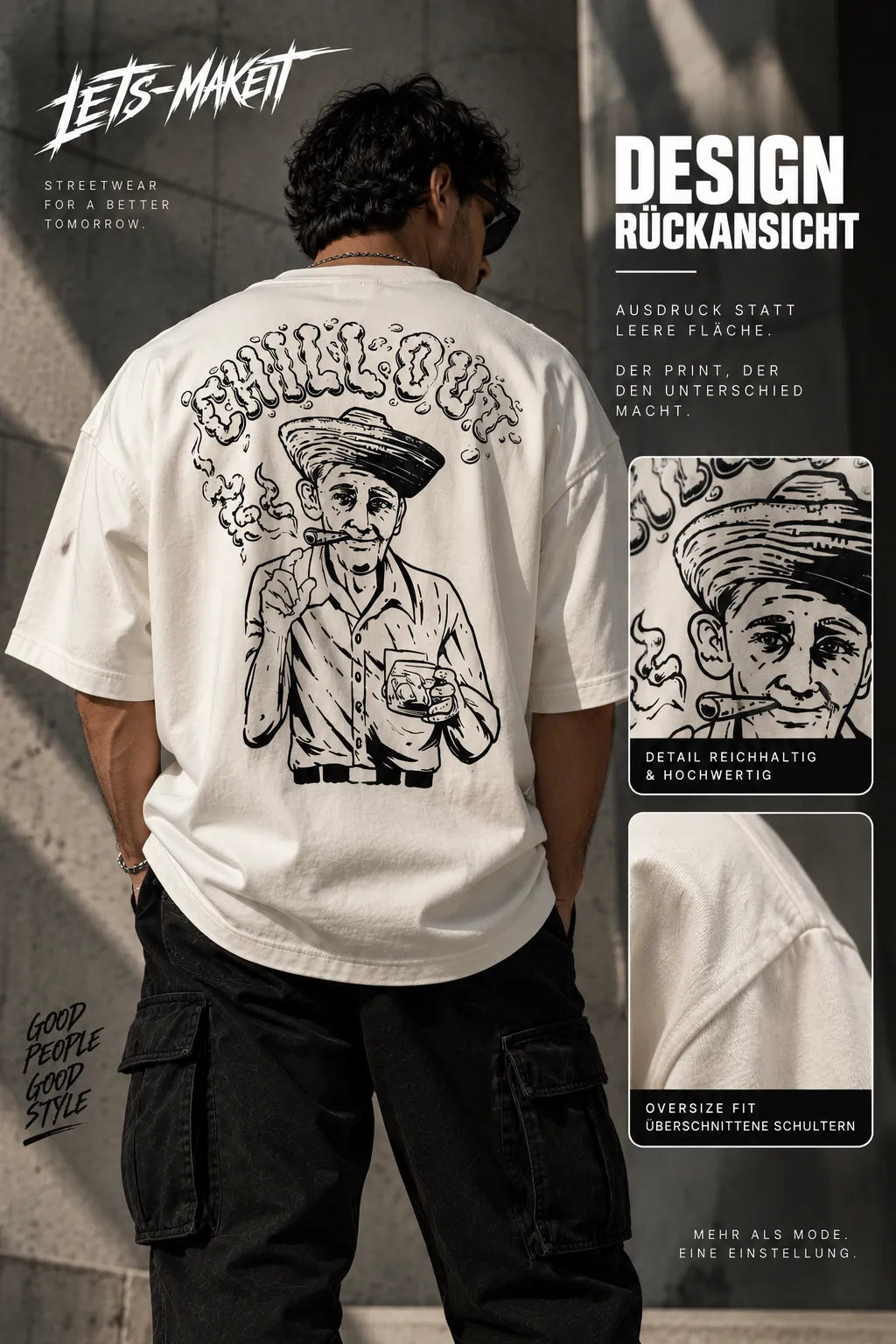 Rückansicht des CHILLOUT Oversize T-Shirts mit großem schwarzem Rückenprint