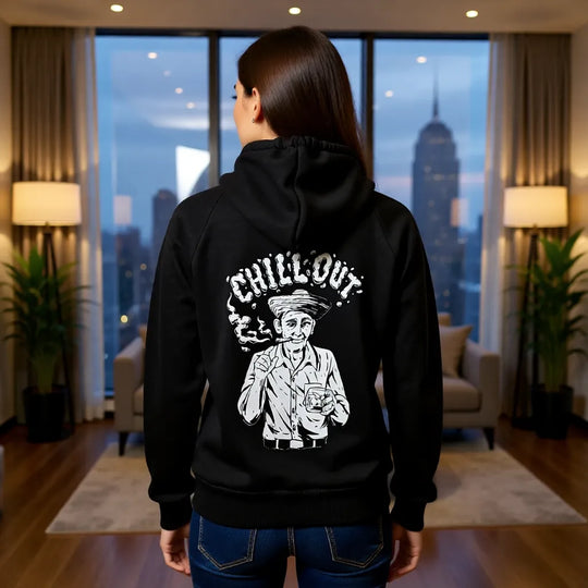 Damen Heavyweight Sweatjacke schwarz mit Siebdruck im Kuba-Stil getragen im Alltag