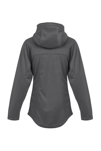 Rückansicht der hellgrauen Damen Softshell-Jacke mit Kapuze, funktionale Outdoorjacke für Frauen