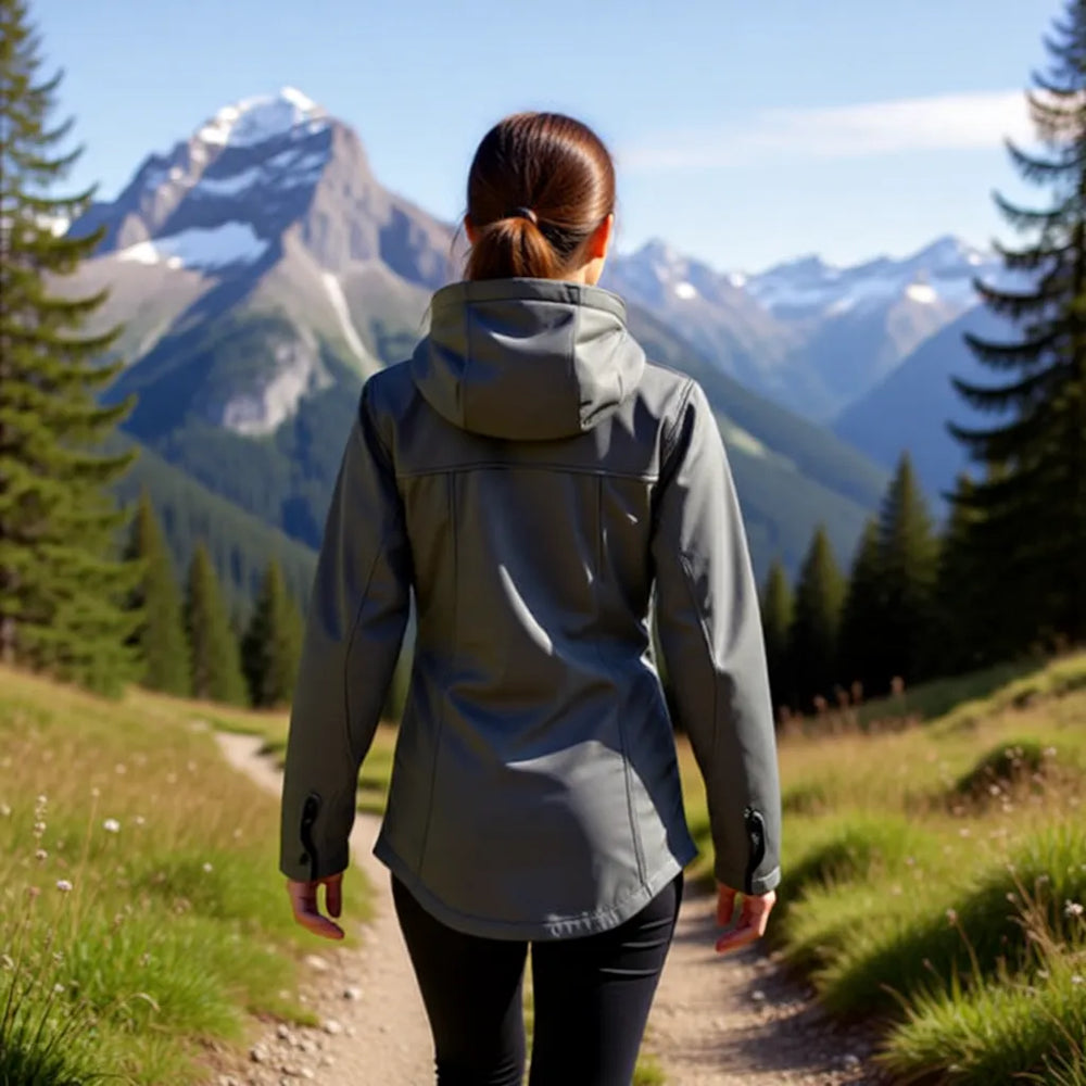 Frau trägt hellgraue Softshell-Jacke im Outdoorbereich, funktionale Jacke für Freizeit und Alltag