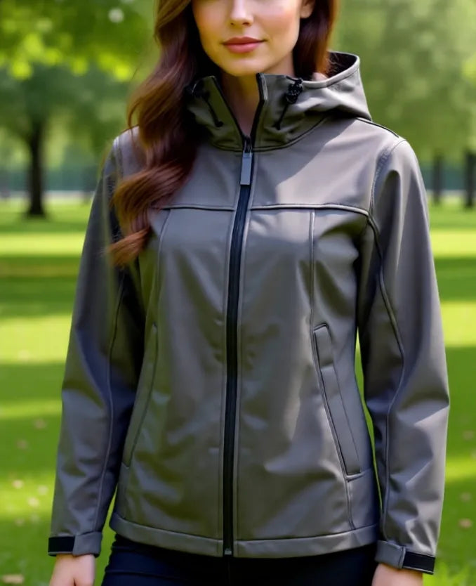 Damen Softshell-Jacke in Hellgrau neu im Alltag getragen, moderne Outdoorjacke für Park und Freizeit