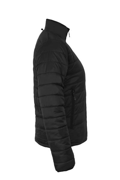 Wattierte Damenjacke in Schwarz, Seitenansicht, leichte Steppjacke mit Stehkragen und Reißverschluss