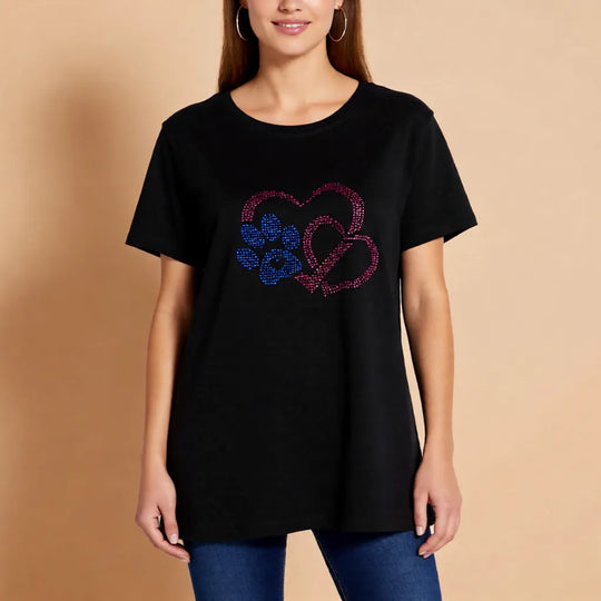 Schwarzes Damen T-Shirt mit Herz- und Pfotenmotiv aus Strass, handgefertigt