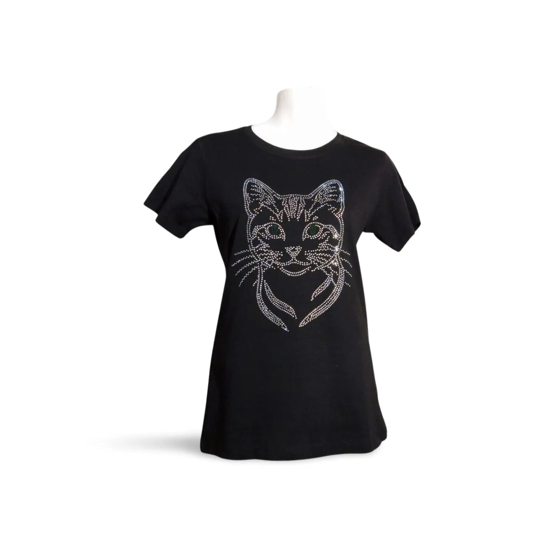 Damen T-Shirt mit funkelndem Strass Katzenmotiv elegant und handgefertigt