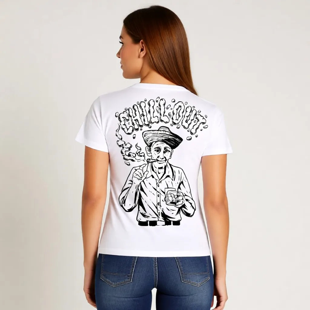 Weißes Damen T-Shirt im Kuba-Stil mit handgefertigtem Siebdruck „Kubanischer Chillout“ Rückseite