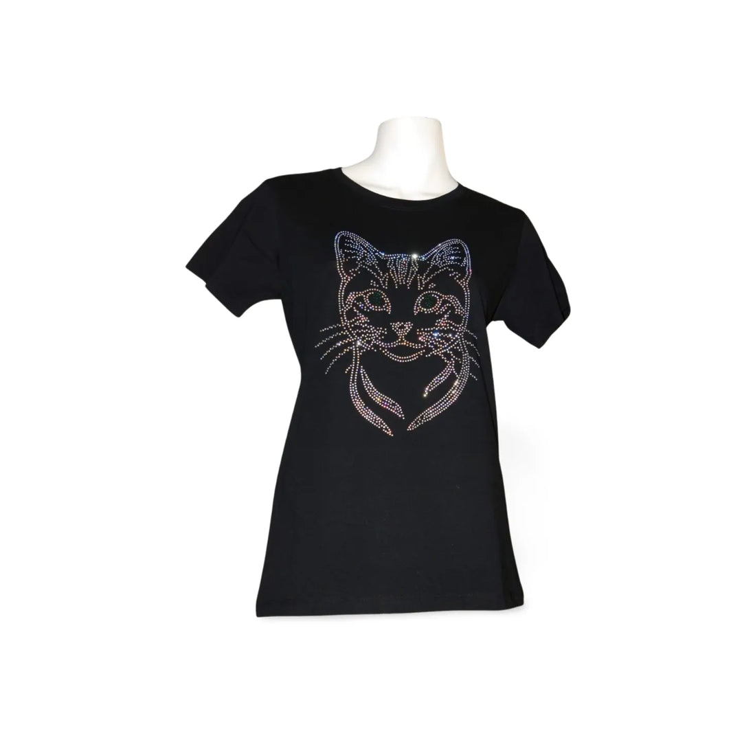 Schwarzes Damen T-Shirt mit elegantem Strass Katzenmotiv Vorderseite