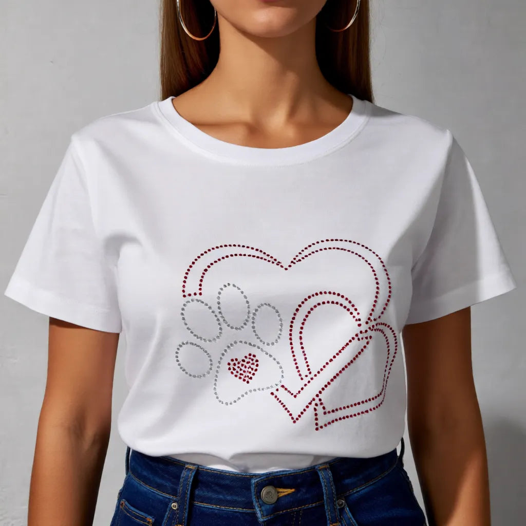 Weisses Damen T-Shirt mit Herz- und Pfotenmotiv aus Strass, handgefertigt