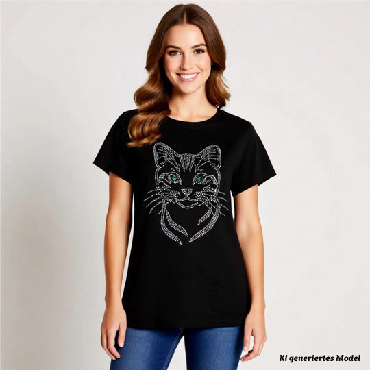 Damen T-Shirt schwarz mit handgefertigtem Strass Katzenmotiv getragen am Model